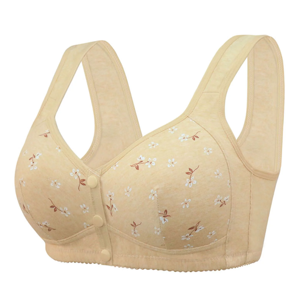 Beige Daisy Bras - Snap Front Cotton Wireless Bras Huge Cup Size