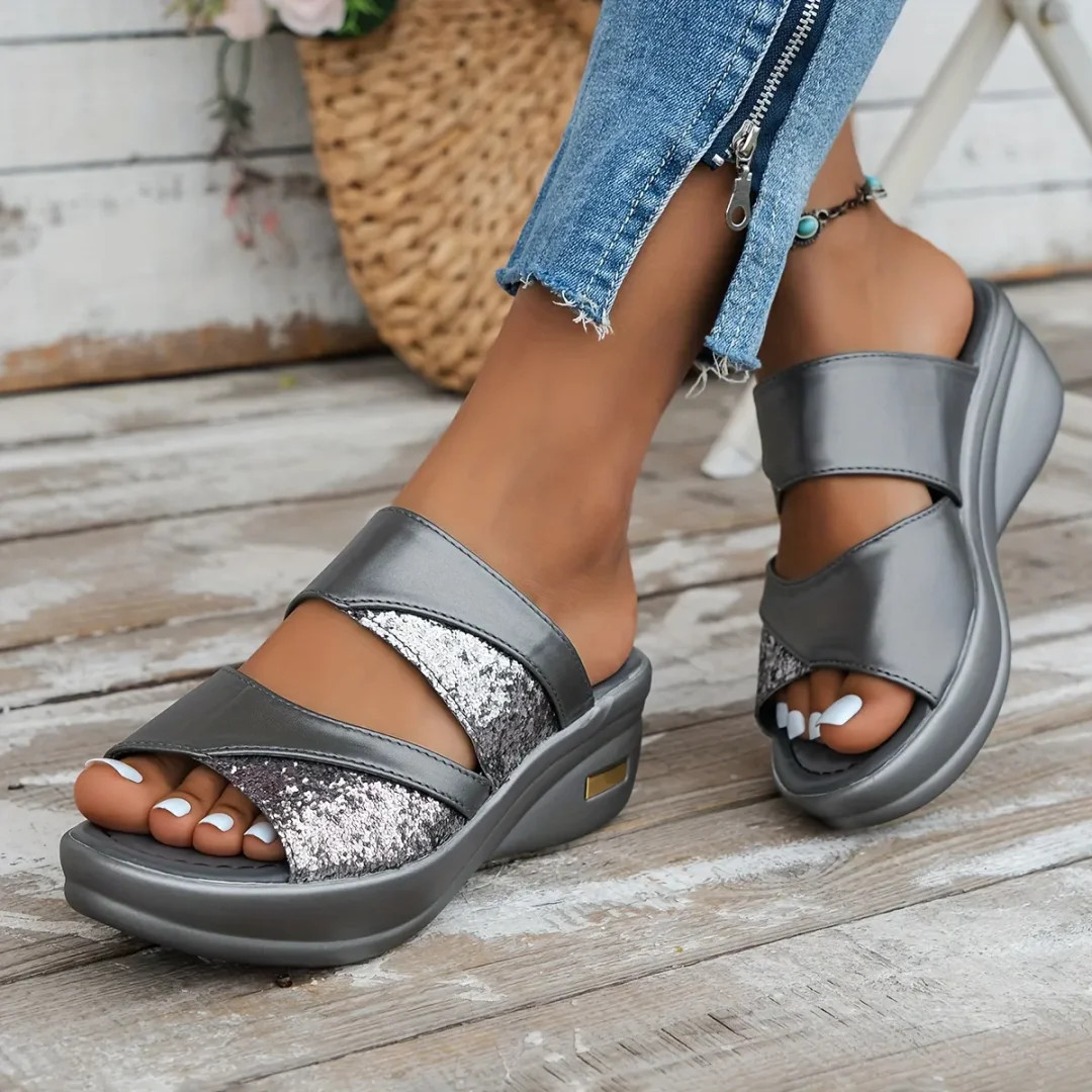 Fleekcomfy Glitter Arch Support Wedge Platform Sandals