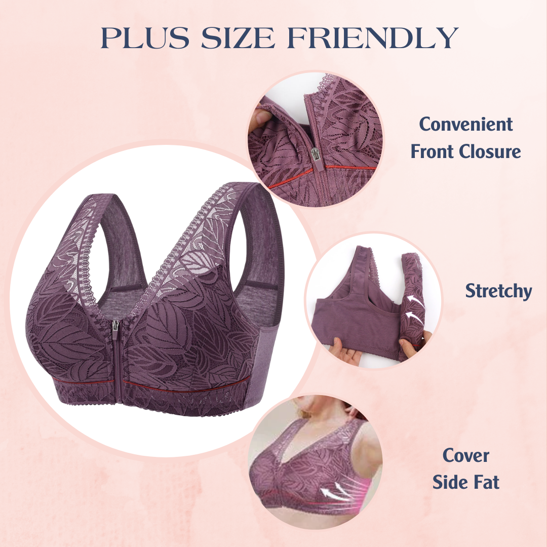Lismali Leaf Lace Bra Wireless Front Zipper Bra Large Size For Women
