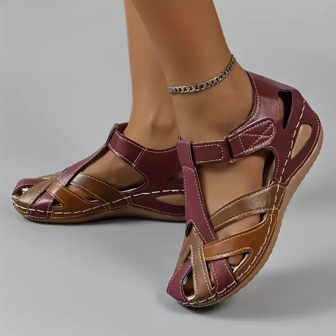 Airfleek Ankle Strap Colorblock Closed Toe Wedge Sandals