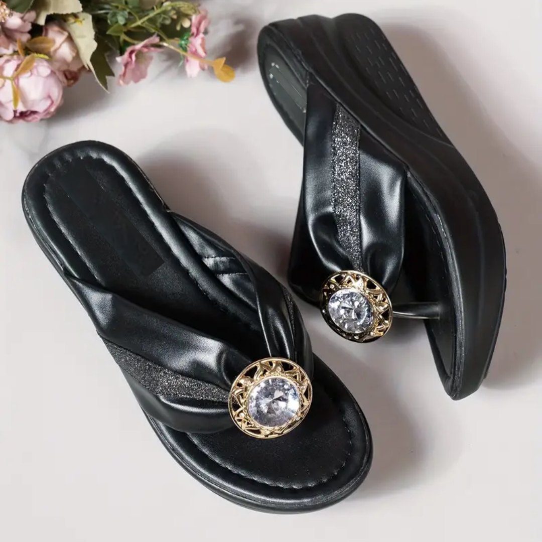 Fleekcomfy Rhinestone Arch Support Wedge Flip Flops