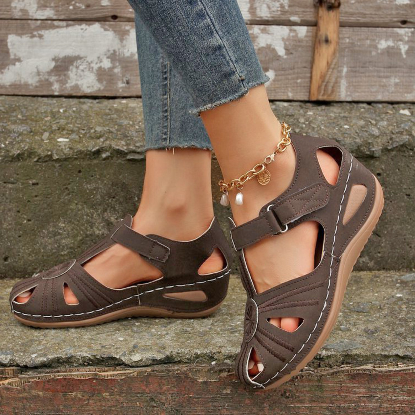 Airfleek Embroidered Floral Closed Toe Sandals For Summer Walking