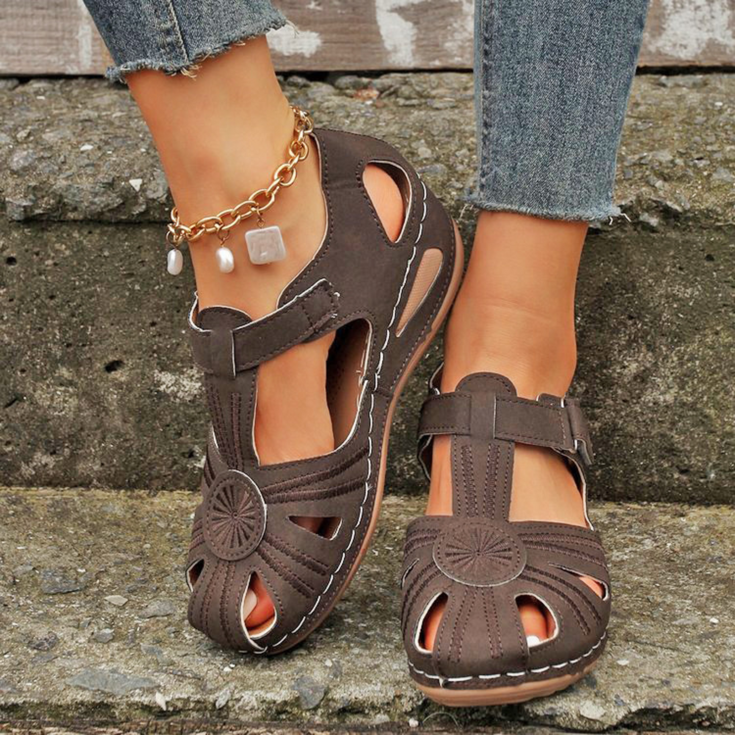 Airfleek Embroidered Floral Closed Toe Sandals For Summer Walking