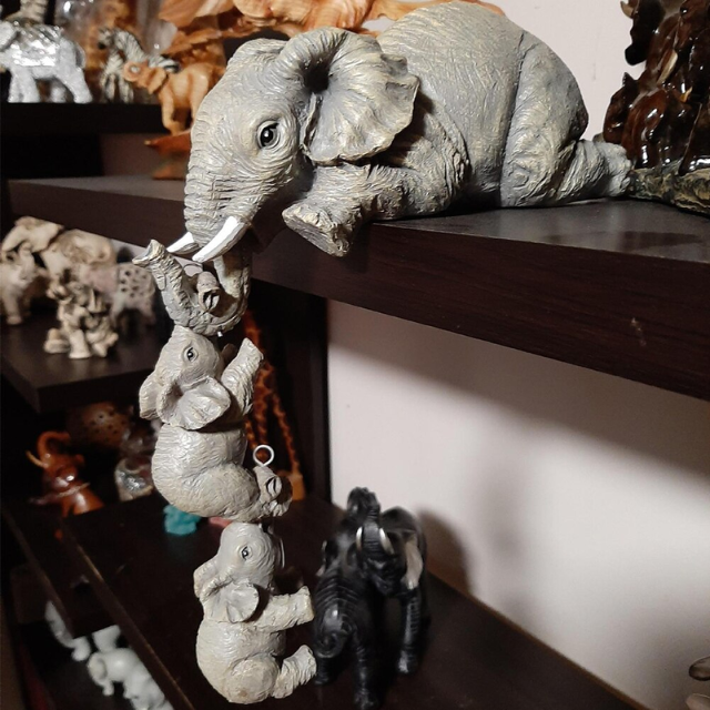Lismali Home and Decor Elephant Figurines Holding Babies Elephant Statues Resin Crafts Hanging Off The Edge of a Shelf or Table