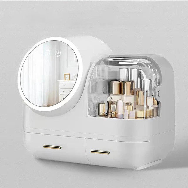 LED-Lighted and Fan Mirror Makeup Storage Organizer Box