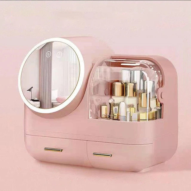 LED-Lighted and Fan Mirror Makeup Storage Organizer Box