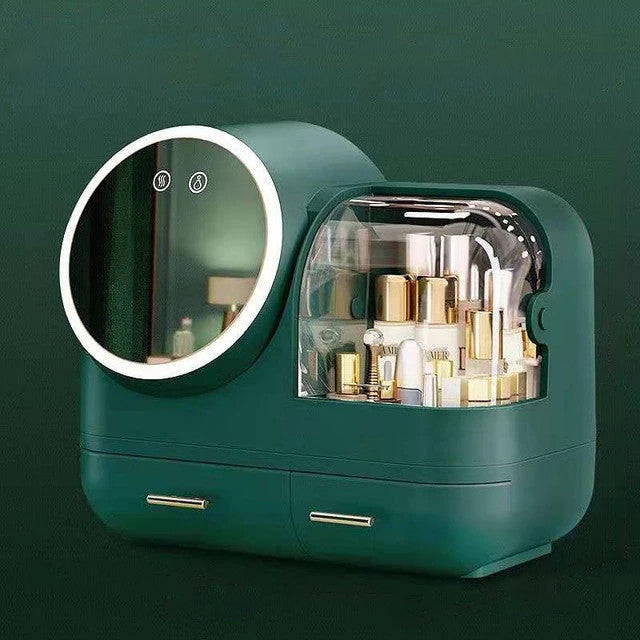 LED-Lighted and Fan Mirror Makeup Storage Organizer Box