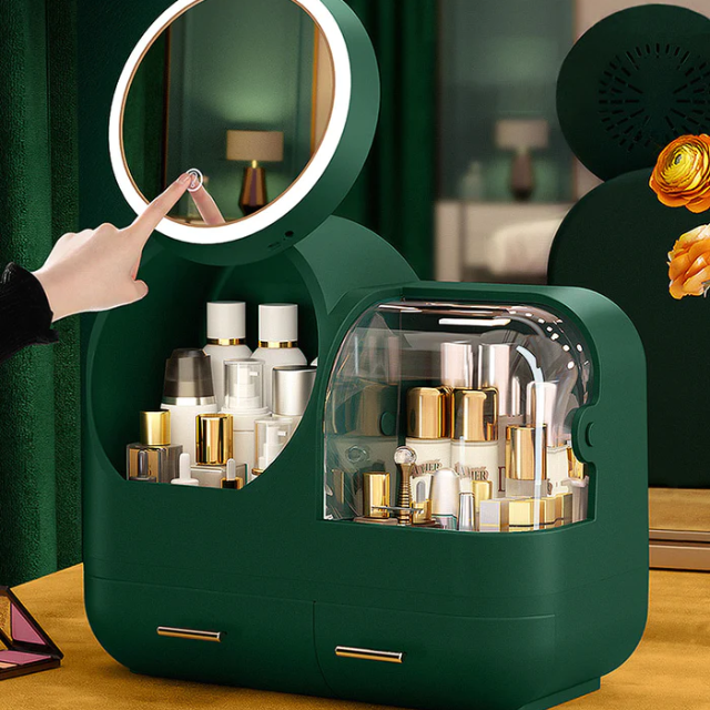 LED-Lighted and Fan Mirror Makeup Storage Organizer Box