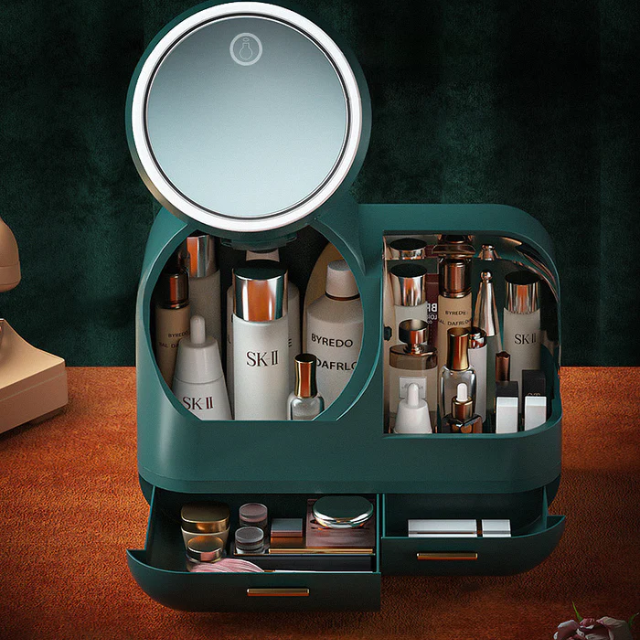 LED-Lighted and Fan Mirror Makeup Storage Organizer Box