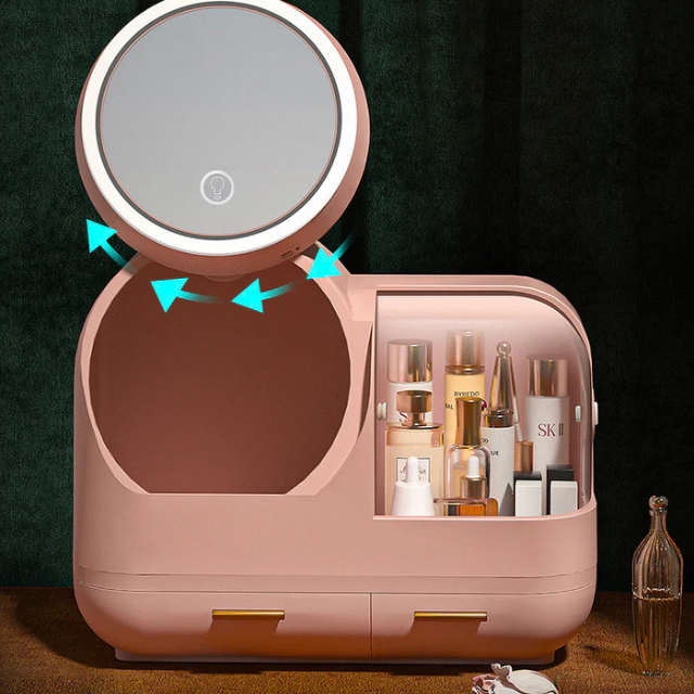 LED-Lighted and Fan Mirror Makeup Storage Organizer Box