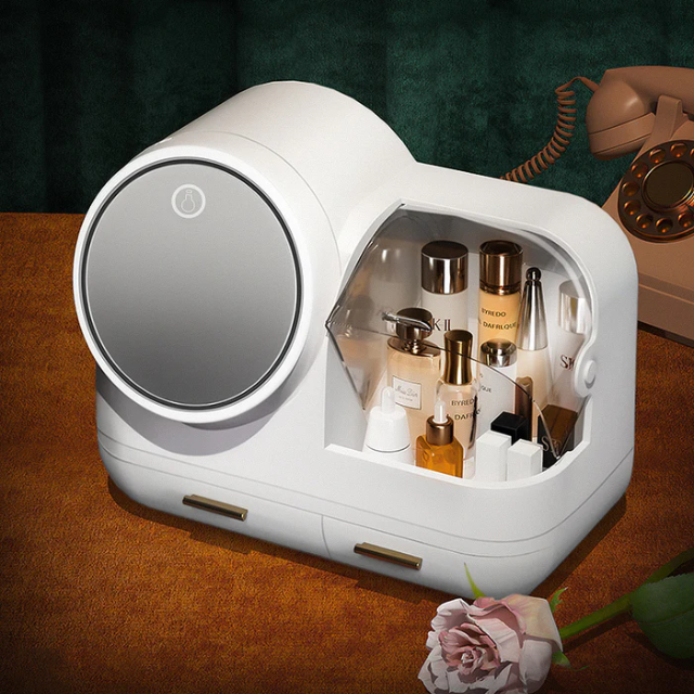 LED-Lighted and Fan Mirror Makeup Storage Organizer Box