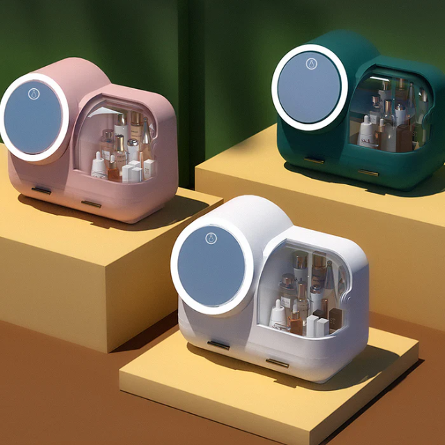 LED-Lighted and Fan Mirror Makeup Storage Organizer Box