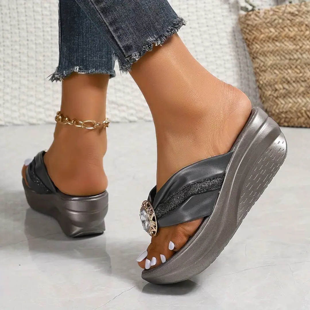 Fleekcomfy Rhinestone Arch Support Wedge Flip Flops