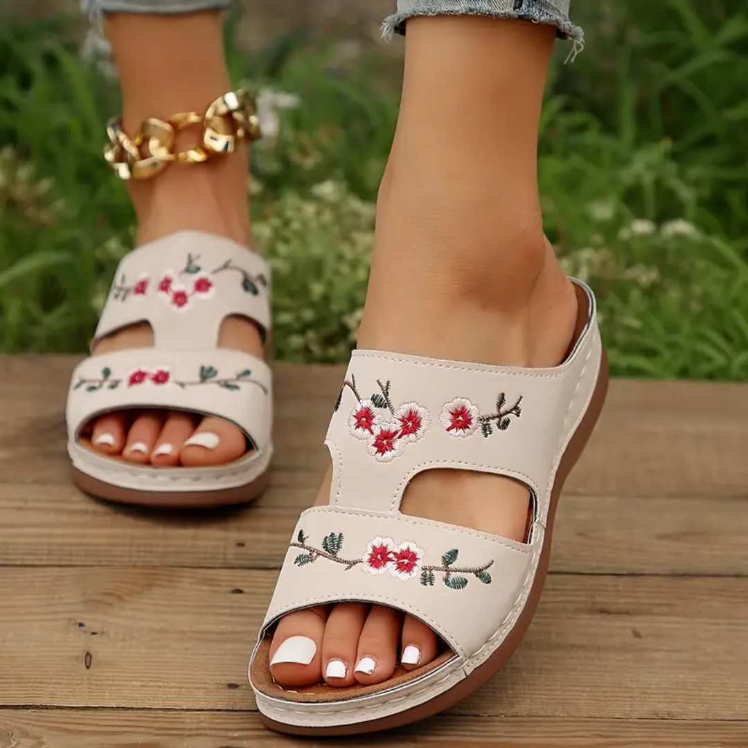 Blisscomfy Arch Support Floral Embroidered Slide Sandals