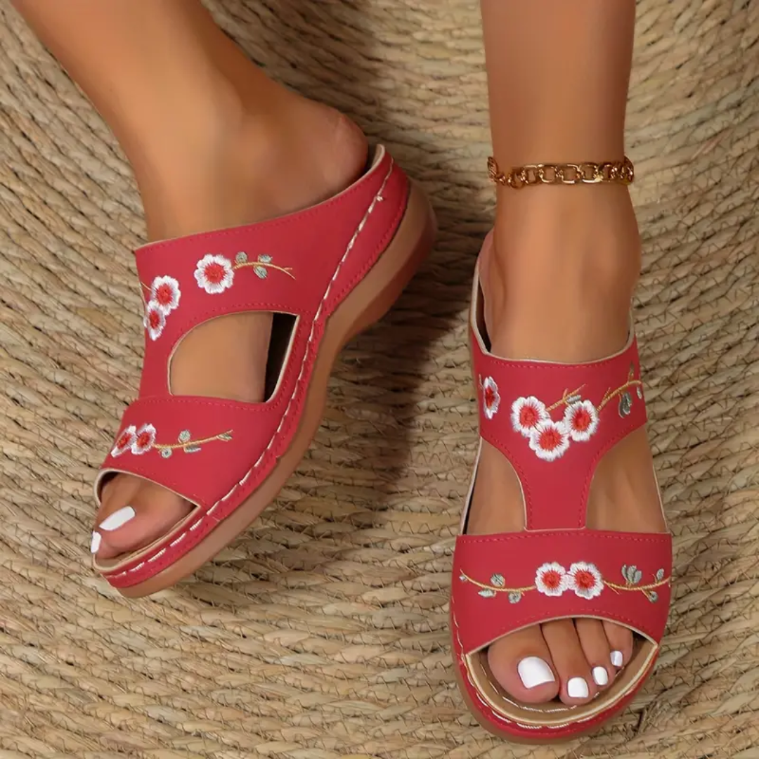 Blisscomfy Arch Support Floral Embroidered Slide Sandals