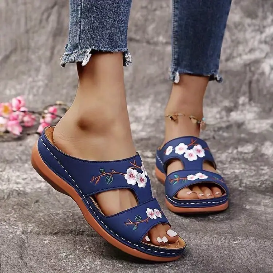 Blisscomfy Arch Support Floral Embroidered Slide Sandals