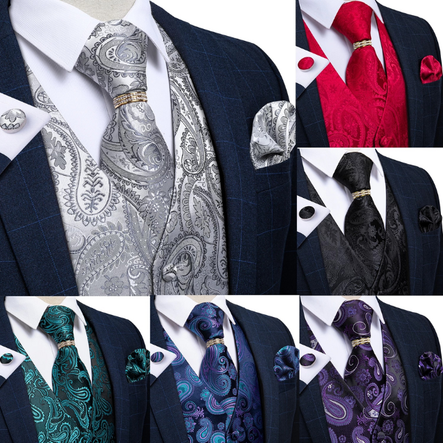 Lismali Home and Decor Mens Vests Suits Tie Set 5PCS Paisley Floral Plaid Waistcoat with Jacquard Necktie Pocket Square Tuxedo
