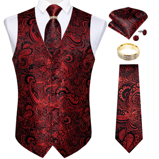 Lismali Home and Decor Mens Vests Suits Tie Set 5PCS Paisley Floral Plaid Waistcoat with Jacquard Necktie Pocket Square Tuxedo