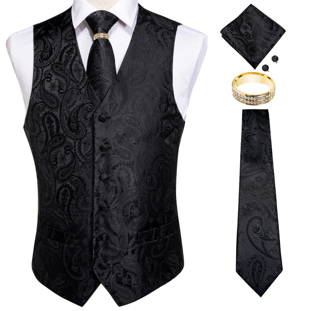 Lismali Home and Decor Mens Vests Suits Tie Set 5PCS Paisley Floral Plaid Waistcoat with Jacquard Necktie Pocket Square Tuxedo