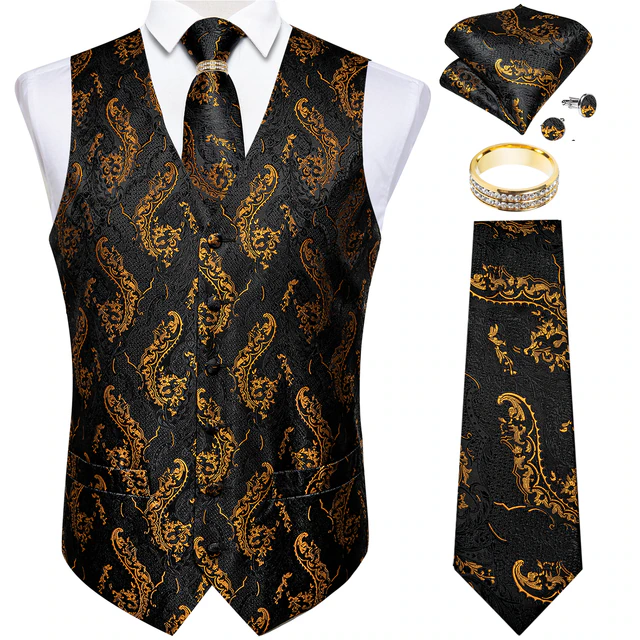 Lismali Home and Decor Mens Vests Suits Tie Set 5PCS Paisley Floral Plaid Waistcoat with Jacquard Necktie Pocket Square Tuxedo