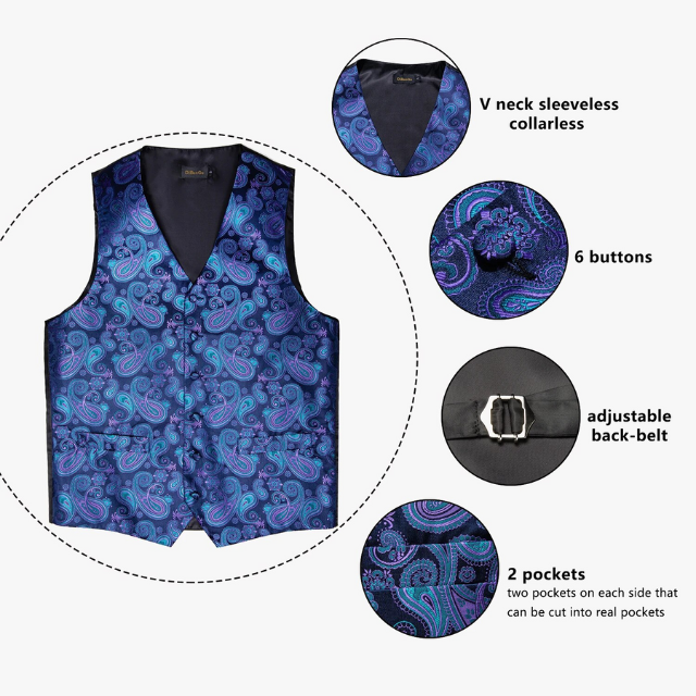 Lismali Home and Decor Mens Vests Suits Tie Set 5PCS Paisley Floral Plaid Waistcoat with Jacquard Necktie Pocket Square Tuxedo