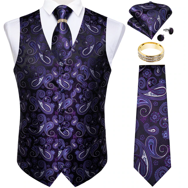 Lismali Home and Decor Mens Vests Suits Tie Set 5PCS Paisley Floral Plaid Waistcoat with Jacquard Necktie Pocket Square Tuxedo