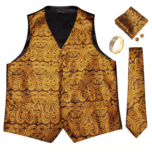 Lismali Home and Decor Mens Vests Suits Tie Set 5PCS Paisley Floral Plaid Waistcoat with Jacquard Necktie Pocket Square Tuxedo