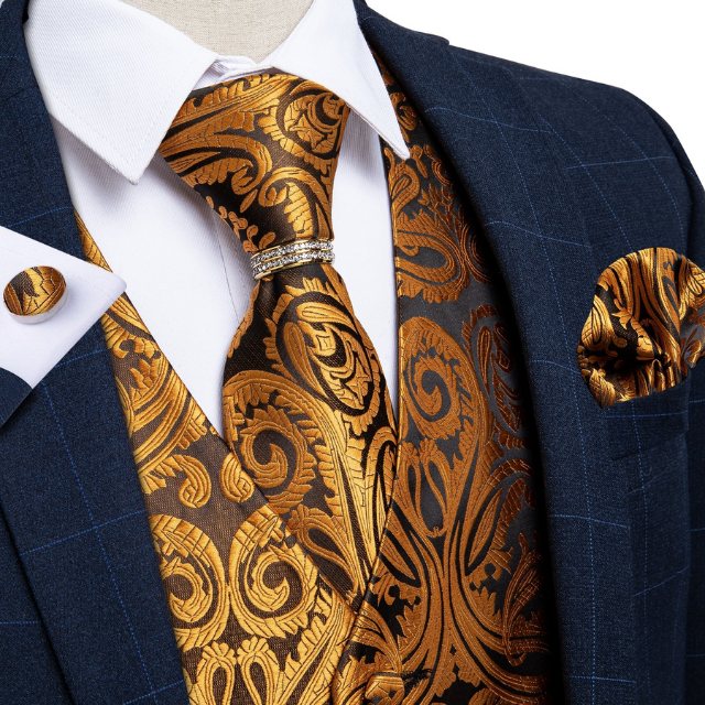 Lismali Home and Decor Mens Vests Suits Tie Set 5PCS Paisley Floral Plaid Waistcoat with Jacquard Necktie Pocket Square Tuxedo