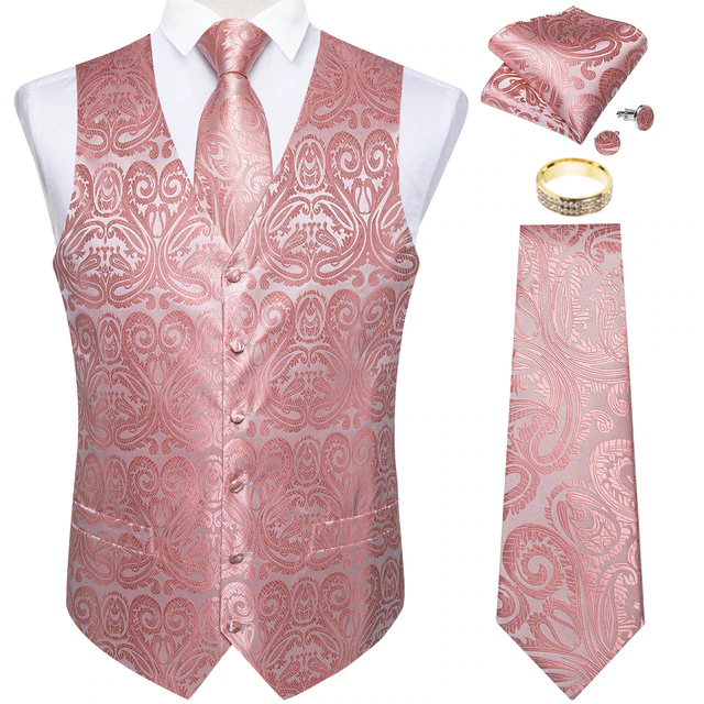 Lismali Home and Decor Mens Vests Suits Tie Set 5PCS Paisley Floral Plaid Waistcoat with Jacquard Necktie Pocket Square Tuxedo
