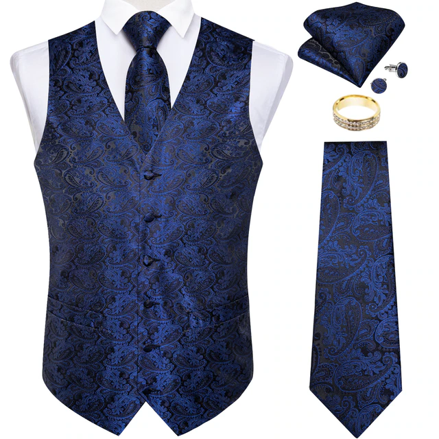 Lismali Home and Decor Mens Vests Suits Tie Set 5PCS Paisley Floral Plaid Waistcoat with Jacquard Necktie Pocket Square Tuxedo