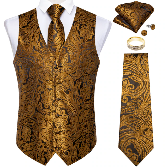 Lismali Home and Decor Mens Vests Suits Tie Set 5PCS Paisley Floral Plaid Waistcoat with Jacquard Necktie Pocket Square Tuxedo