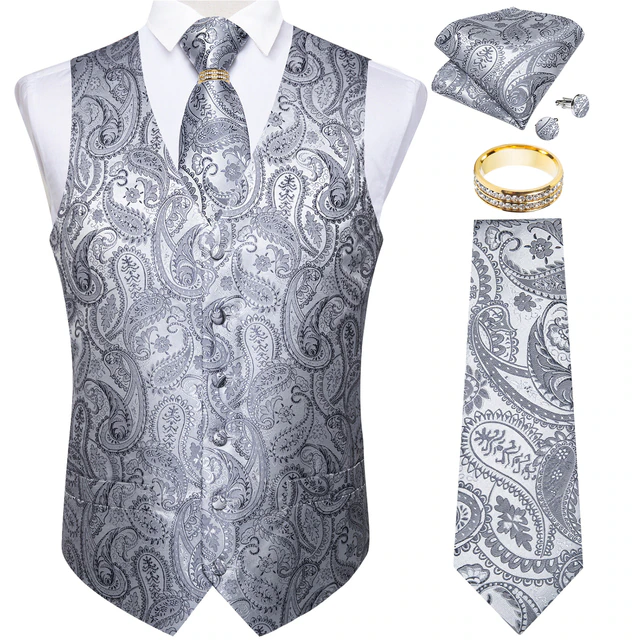 Lismali Home and Decor Mens Vests Suits Tie Set 5PCS Paisley Floral Plaid Waistcoat with Jacquard Necktie Pocket Square Tuxedo