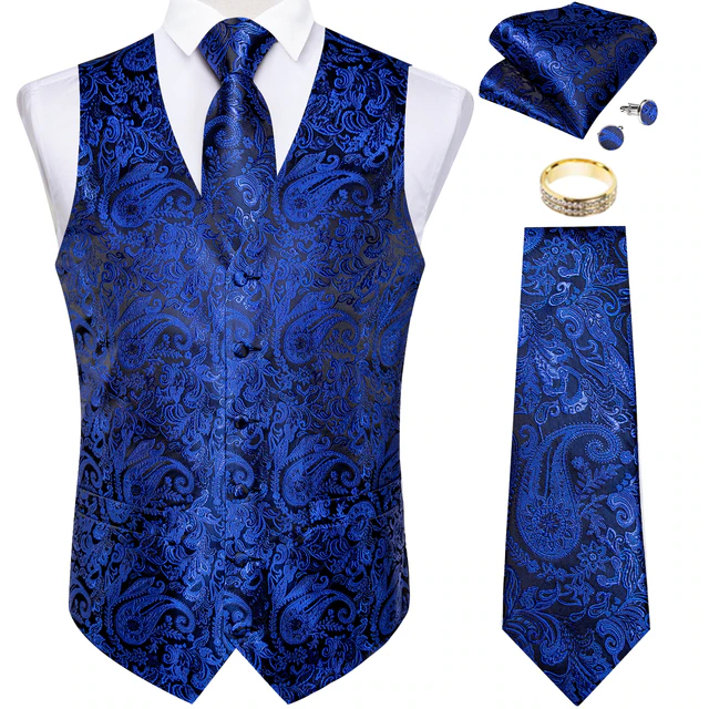 Lismali Home and Decor Mens Vests Suits Tie Set 5PCS Paisley Floral Plaid Waistcoat with Jacquard Necktie Pocket Square Tuxedo