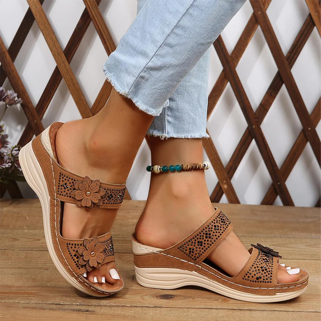 Lismali Crystal Floral Footbed Wedge Sandals