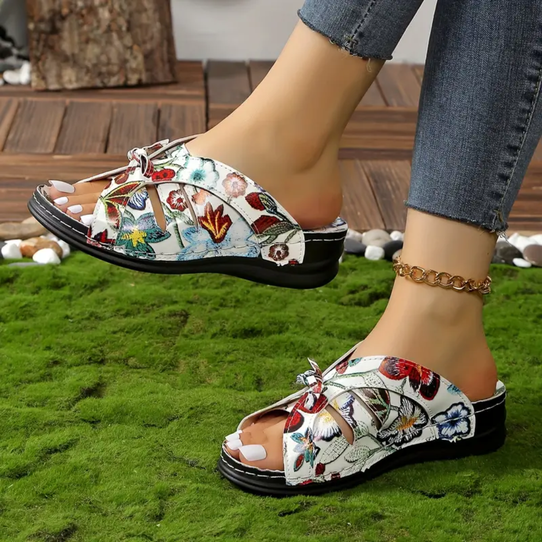 Uniqcomfy Floral Print Bowknot Arch Support Open Toe Sandals