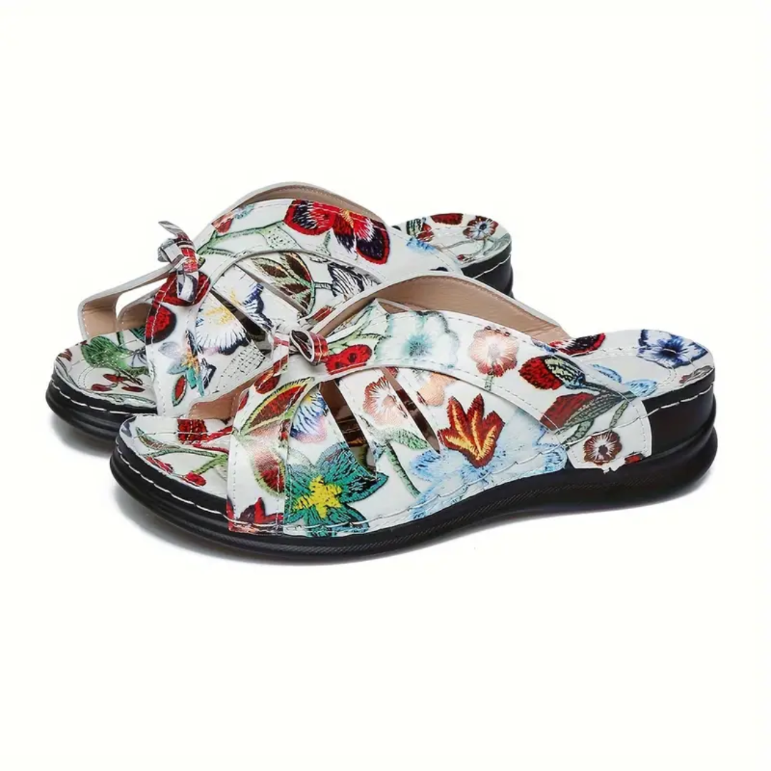 Uniqcomfy Floral Print Bowknot Arch Support Open Toe Sandals