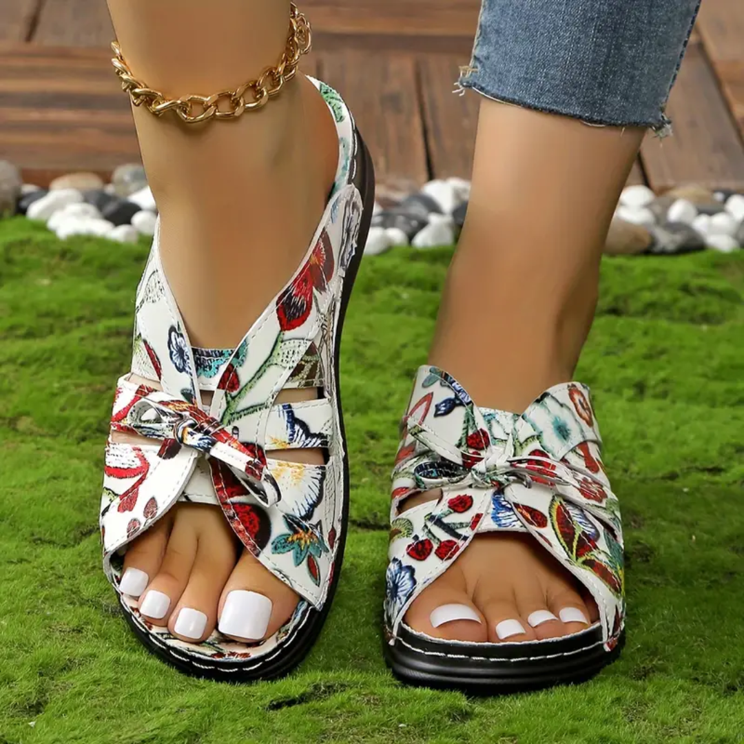 Uniqcomfy Floral Print Bowknot Arch Support Open Toe Sandals