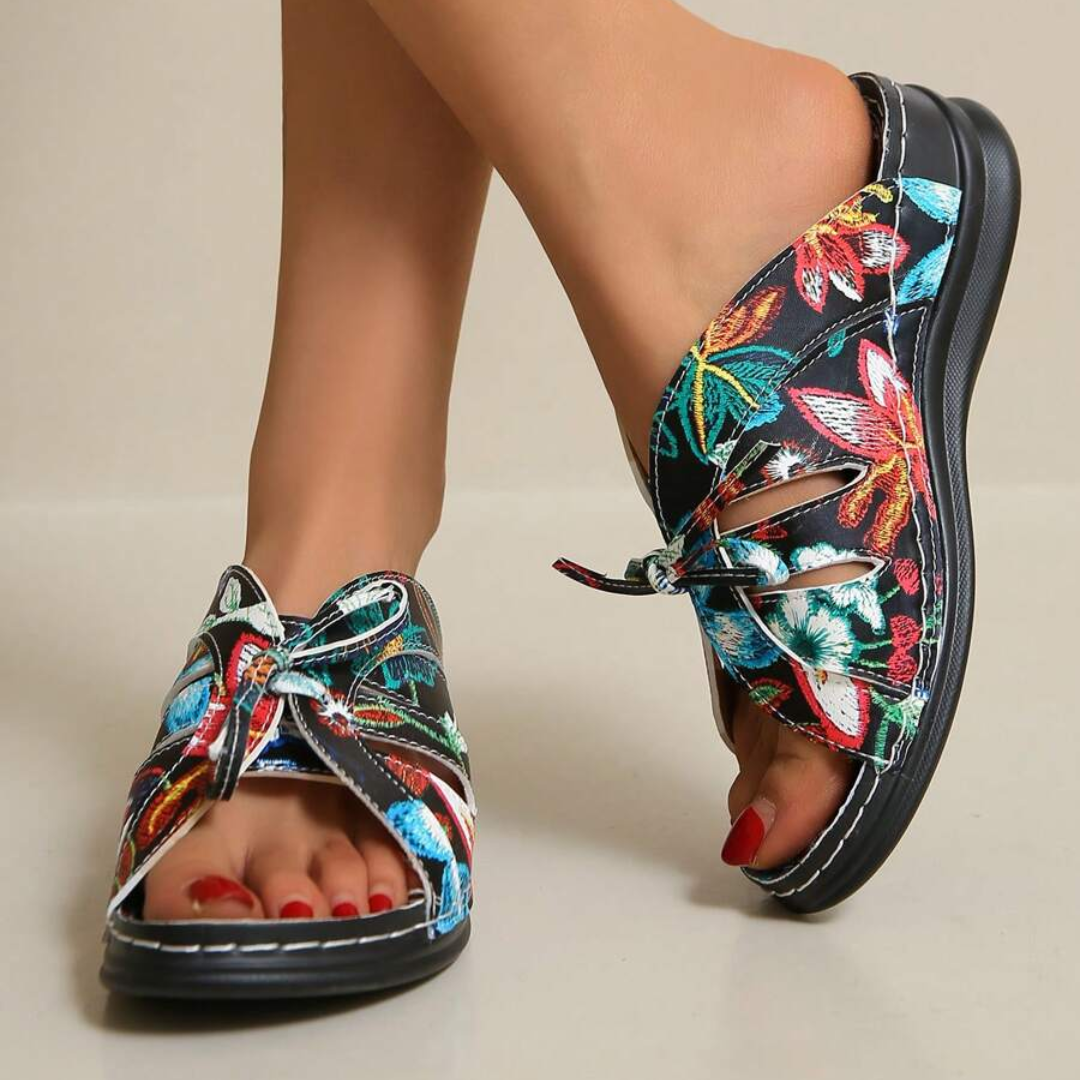 Uniqcomfy Floral Print Bowknot Arch Support Open Toe Sandals