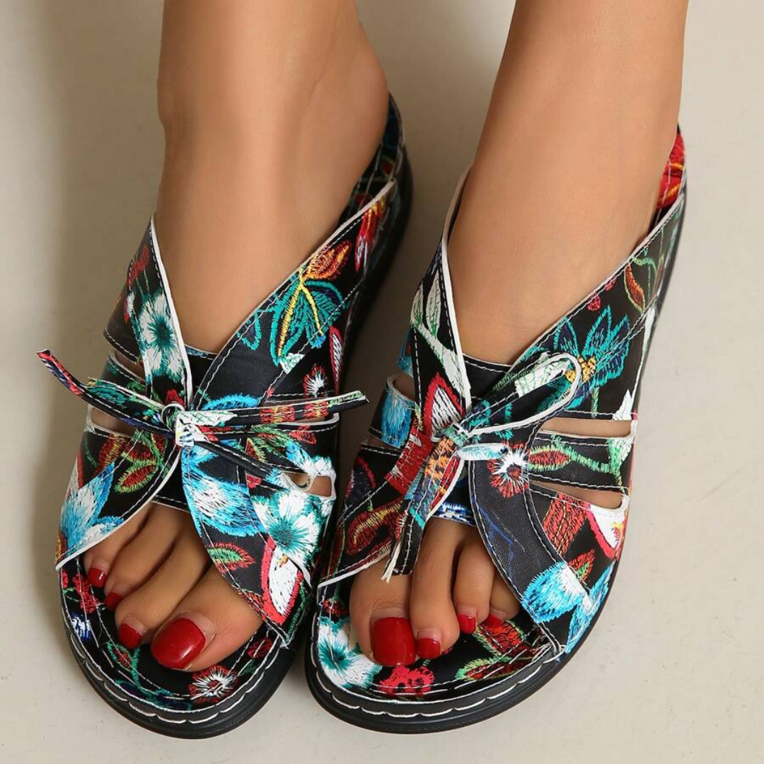 Uniqcomfy Floral Print Bowknot Arch Support Open Toe Sandals