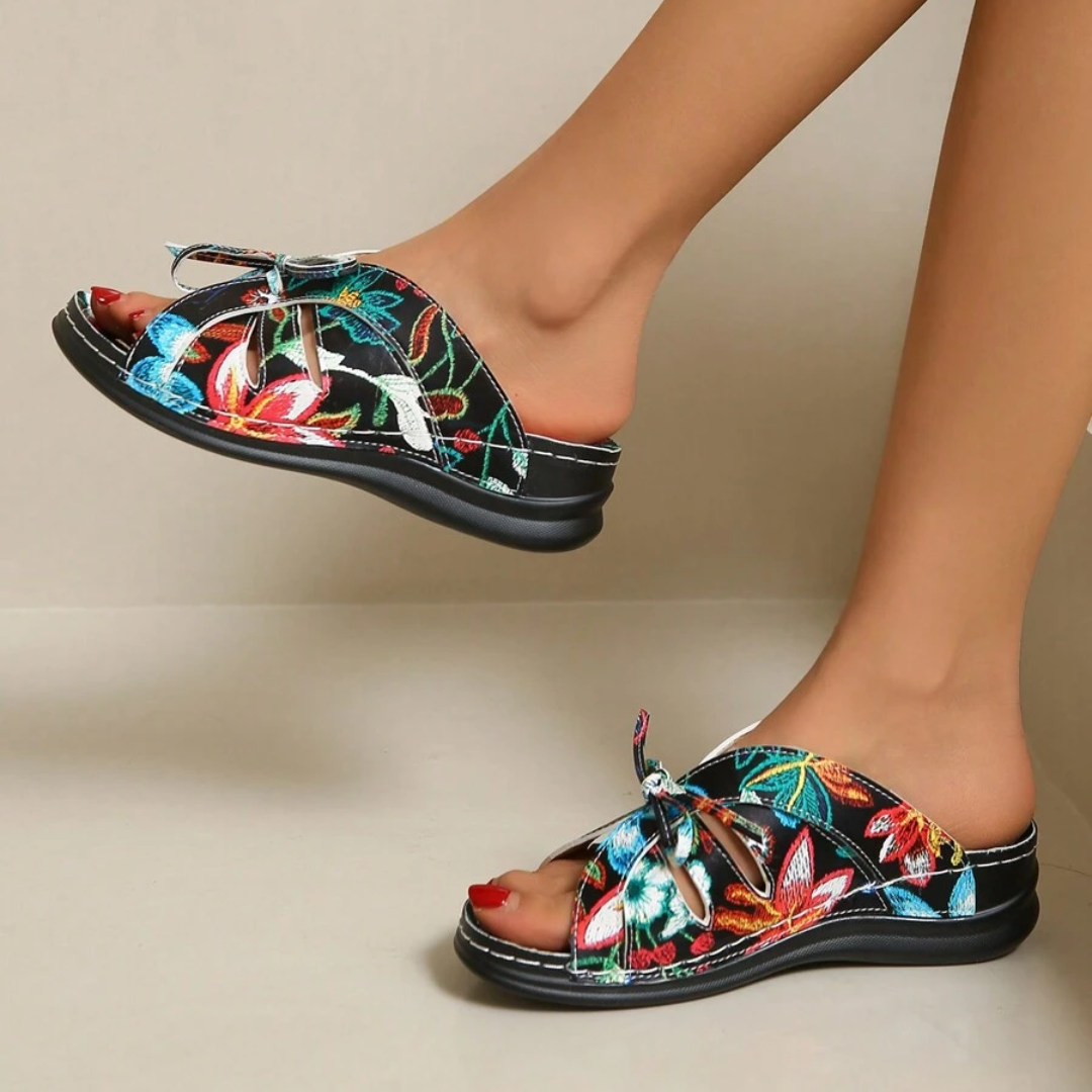 Uniqcomfy Floral Print Bowknot Arch Support Open Toe Sandals