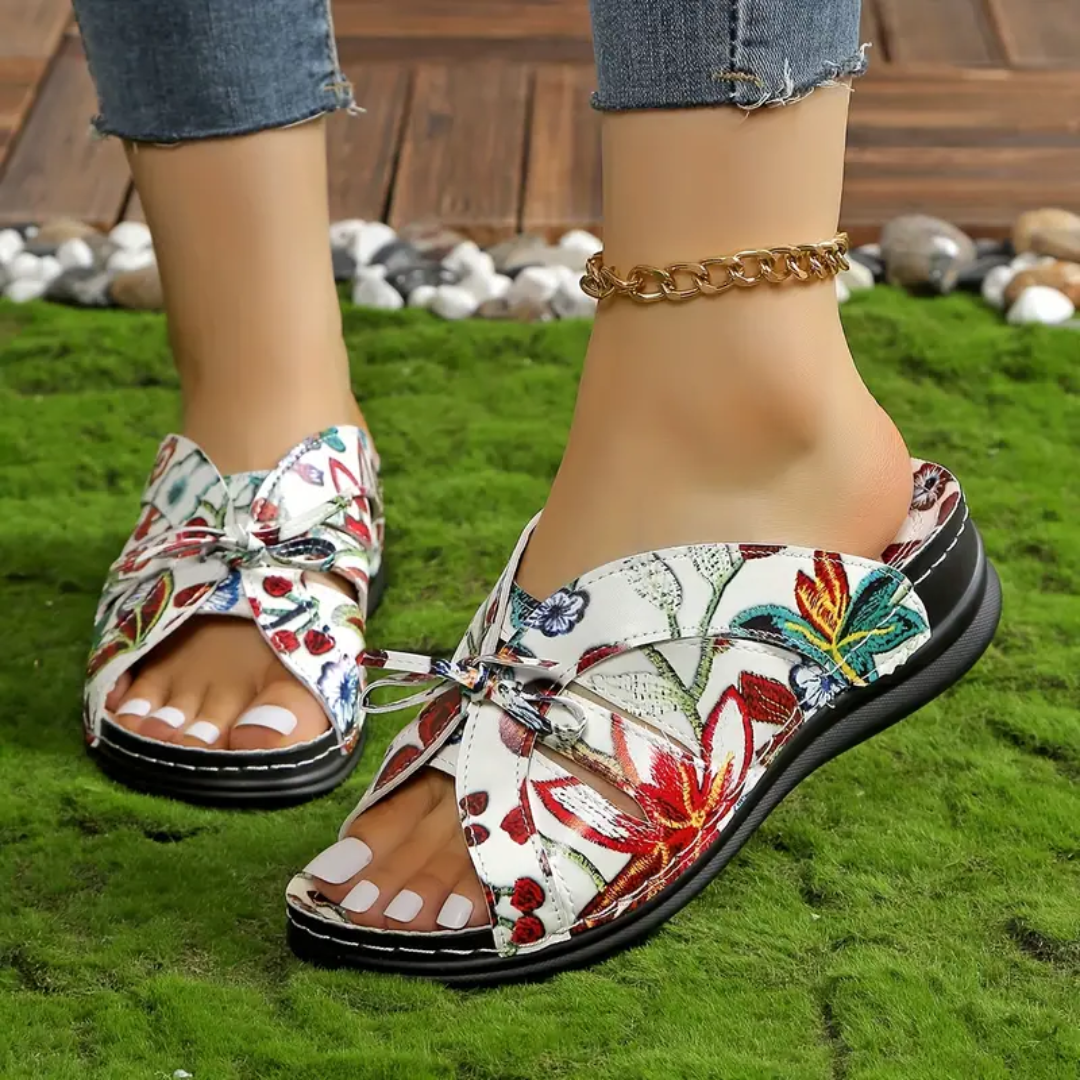Uniqcomfy Floral Print Bowknot Arch Support Open Toe Sandals