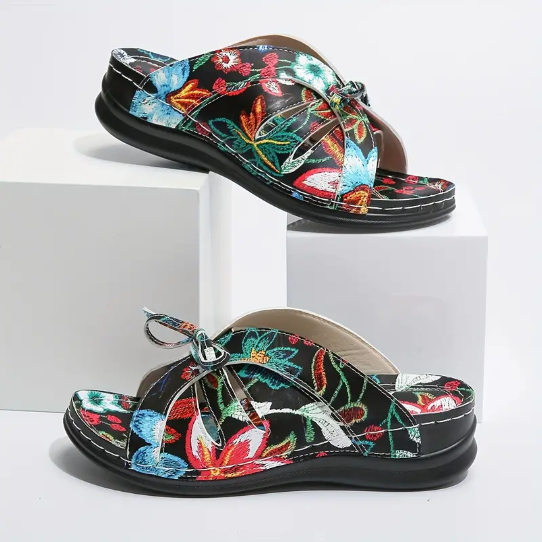 Uniqcomfy Floral Print Bowknot Arch Support Open Toe Sandals