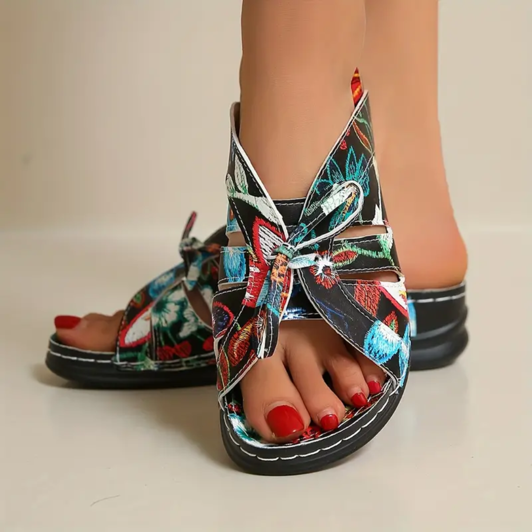 Uniqcomfy Floral Print Bowknot Arch Support Open Toe Sandals
