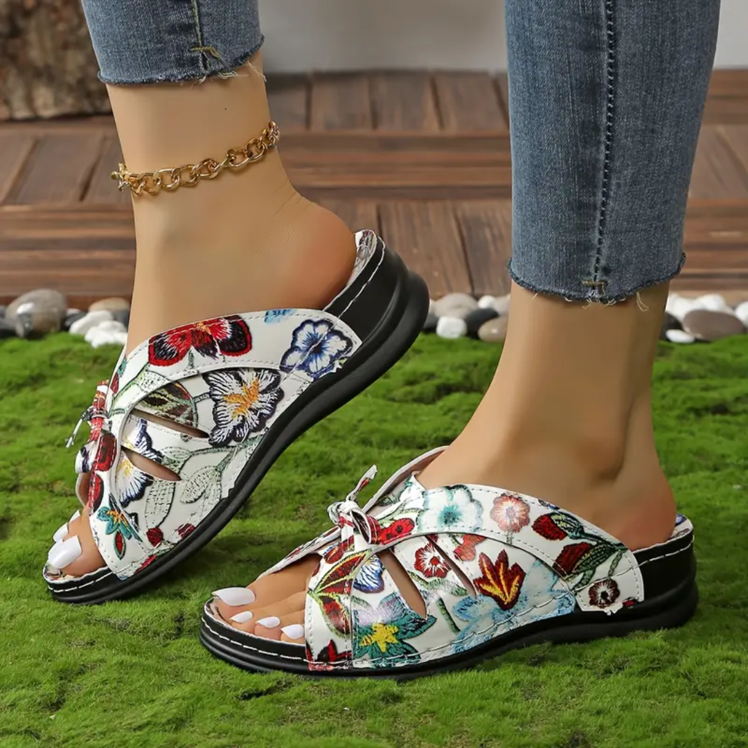 Uniqcomfy Floral Print Bowknot Arch Support Open Toe Sandals