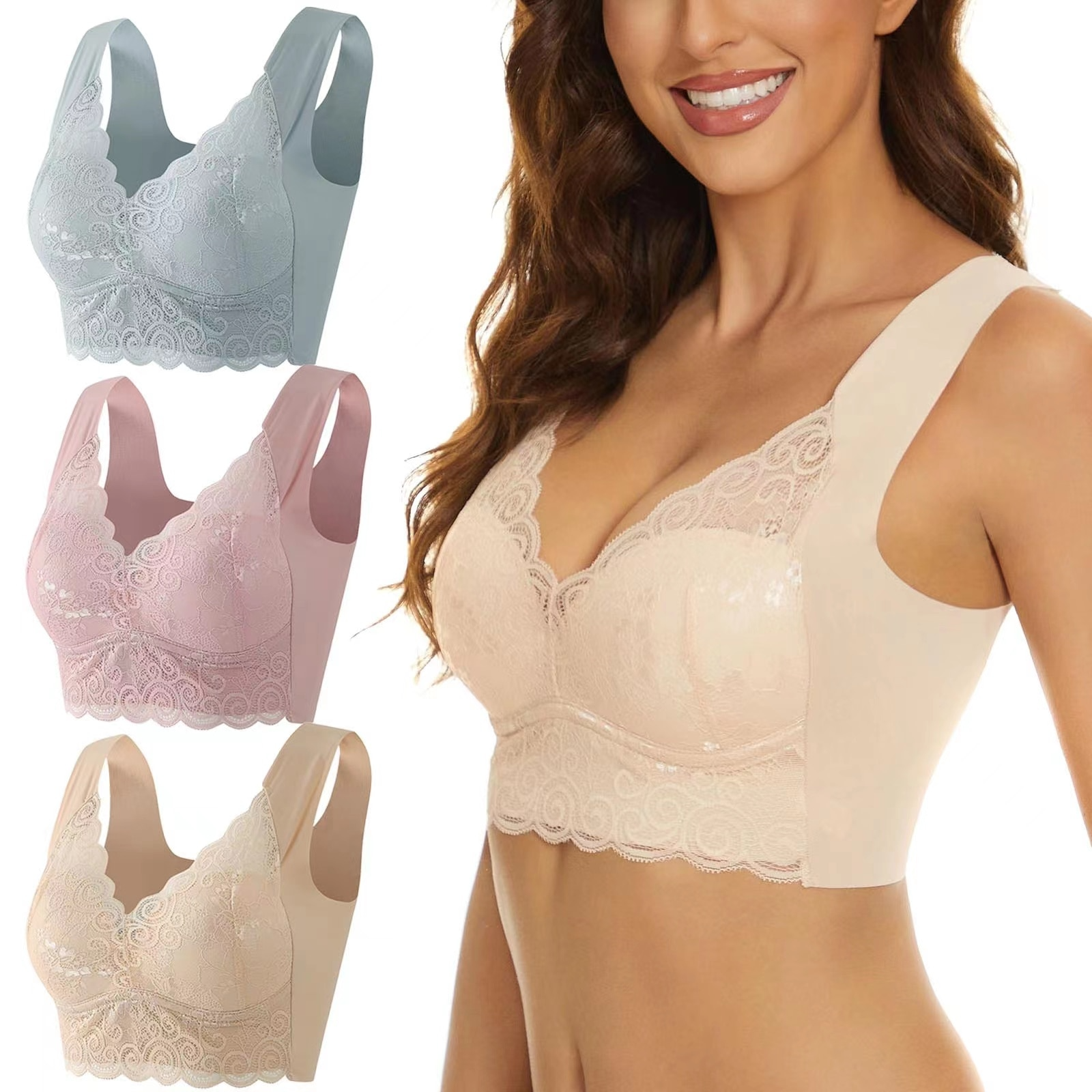 Push up Lace Wireless Bra for Women - Seamless V Shaping Underwire