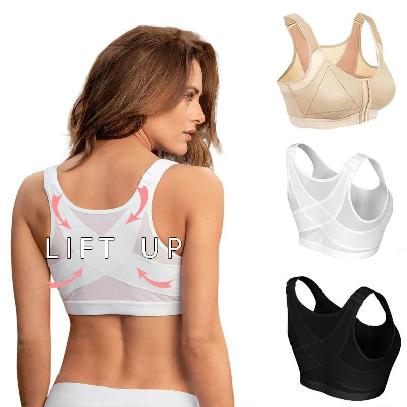 Wireless Posture Support Bra, Cross Back Support Front Zip Sports