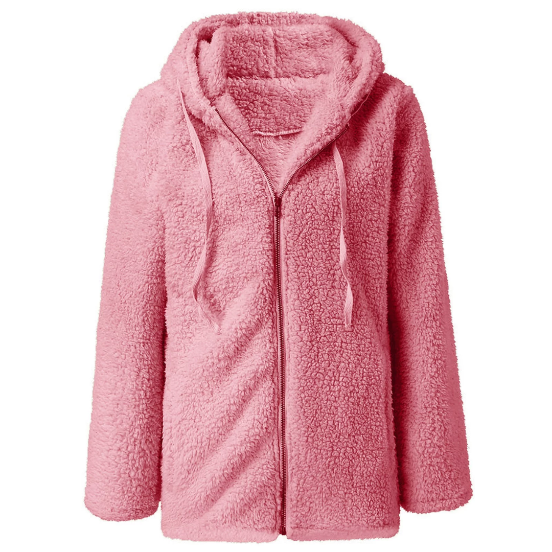 Comfy and Soft Fuzzy Sherpa Fleece Jacket Hoodies Zip Up Casual Long Sleeve Warm Sweatshirt With Pockets Large Size For Women