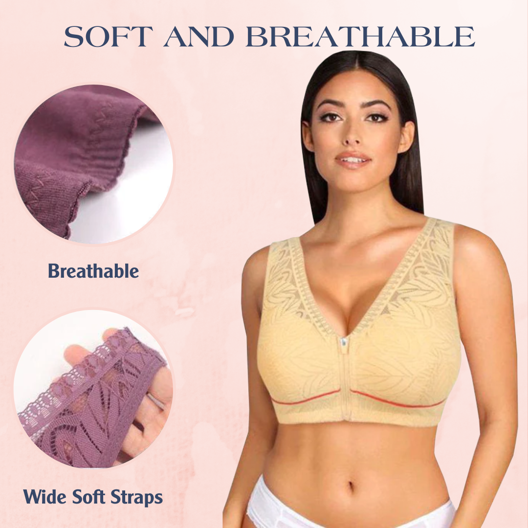 Front zipper closure wirefree extra store breathable silk bra