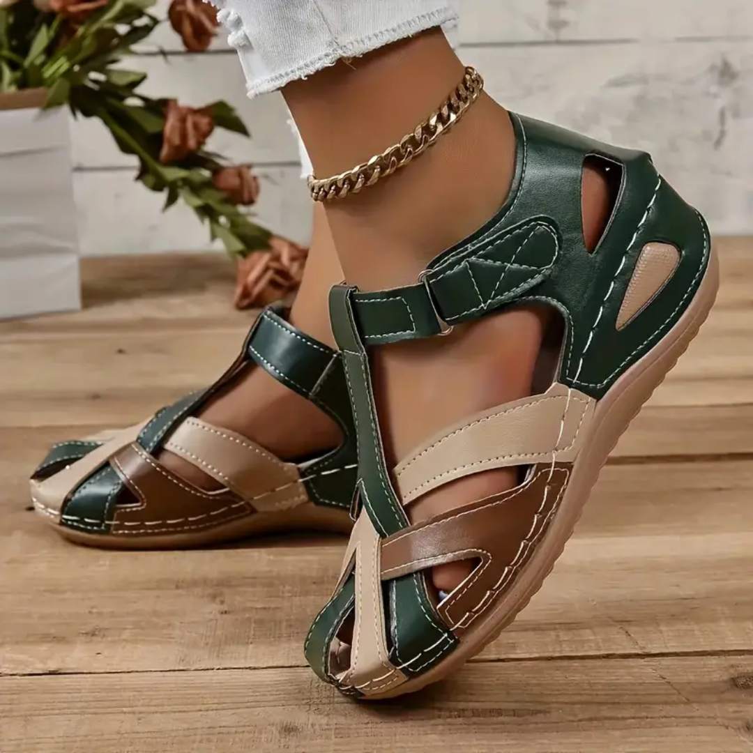 Airfleek Ankle Strap Colorblock Closed Toe Wedge Sandals