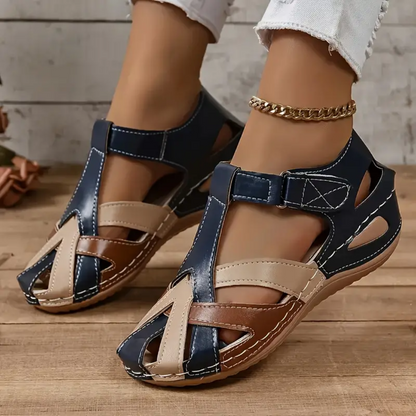 Airfleek Ankle Strap Colorblock Closed Toe Wedge Sandals